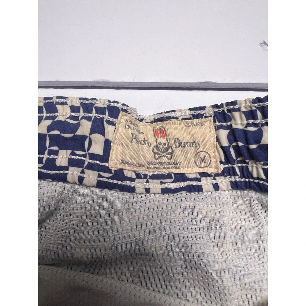 Psycho Bunny Swim Trunks Mens Medium Navy Cream Geometric Checkerboard Logo